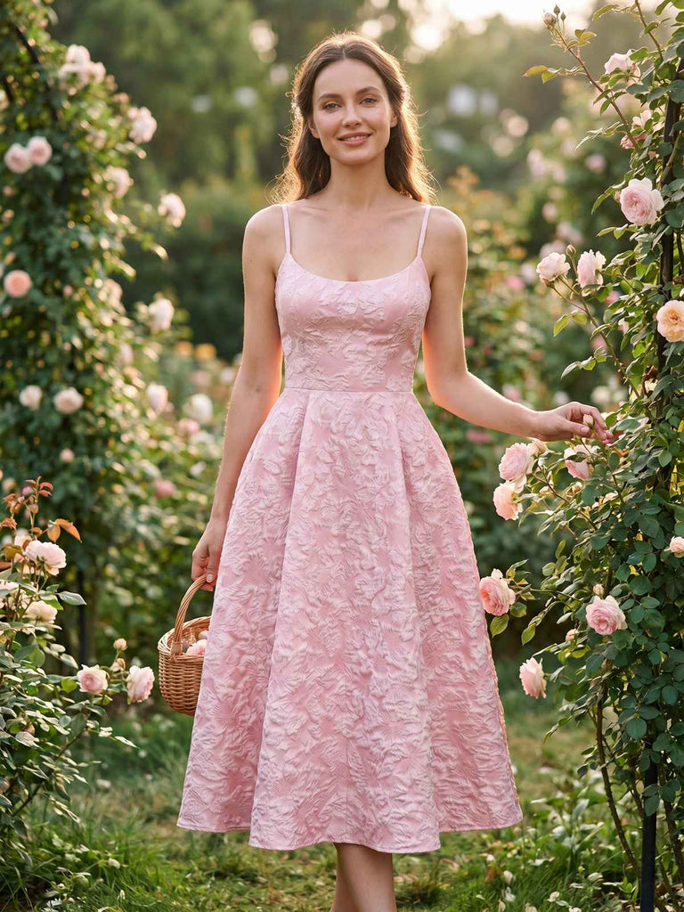 Robe midi bleu fines bretelles floral années 1950