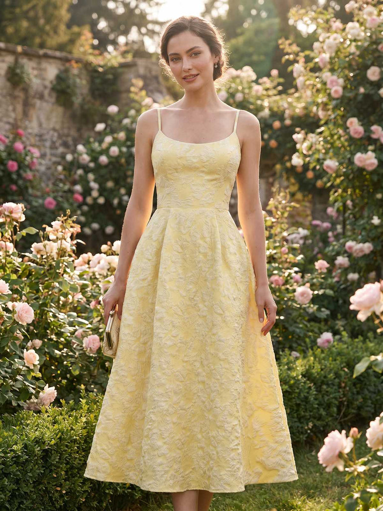 Robe midi bleu fines bretelles floral années 1950