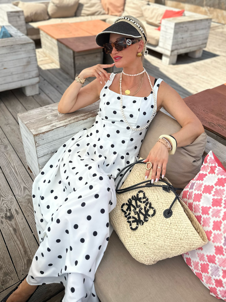 [Prévente] Robe blanche sans manches pois encolure carrée et jupe plissée années 50