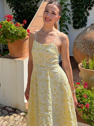 Robe jaune fines bretelles et imprimé floral jacquard années 1950