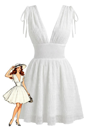 Robe Blanche Sans Manches à Décolleté Plongeant et Taille Froncée Années '50