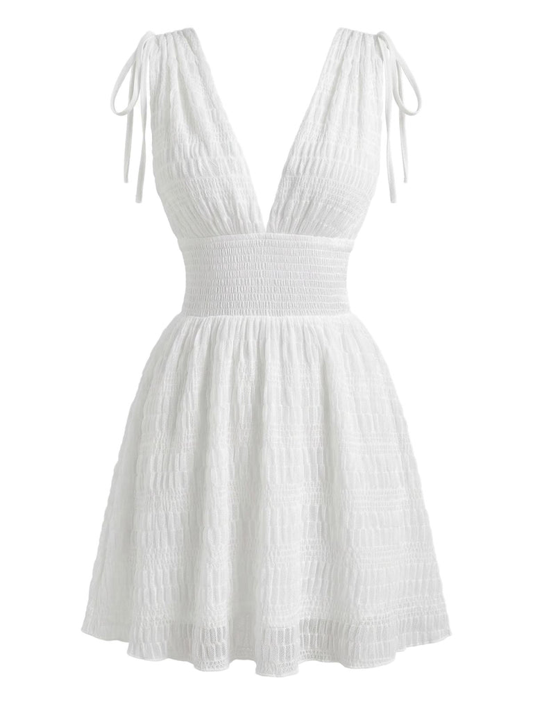 Robe Blanche Sans Manches à Décolleté Plongeant et Taille Froncée Années '50 3