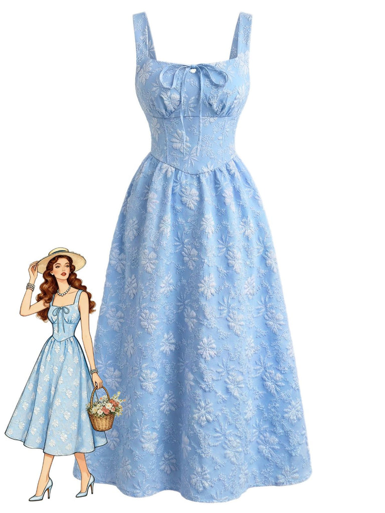 Robe Bleue Col Carré Taille Empire en Jacquard Froncé Années '40