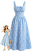 Robe Bleue Col Carré Taille Empire en Jacquard Froncé Années '40