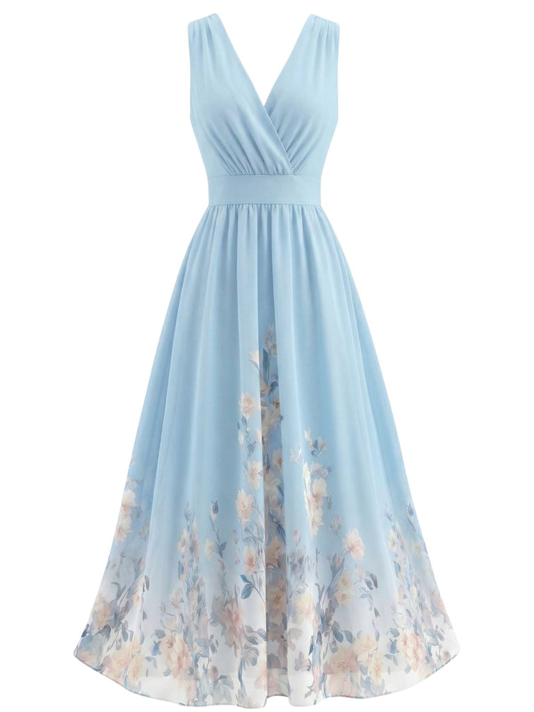 Robe Midi Sans Manches Col V à Fleurs Années '40