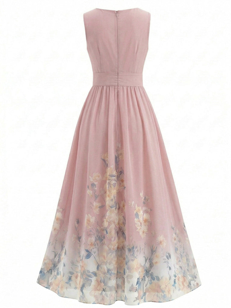 Robe Midi Sans Manches Col V à Fleurs Années '40 6