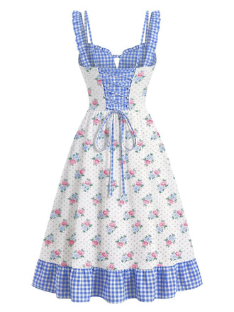 [Prévente] Robe bleue à carreaux vichy et motifs floraux années 1950