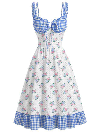 [Prévente] Robe bleue à carreaux vichy et motifs floraux années 1950