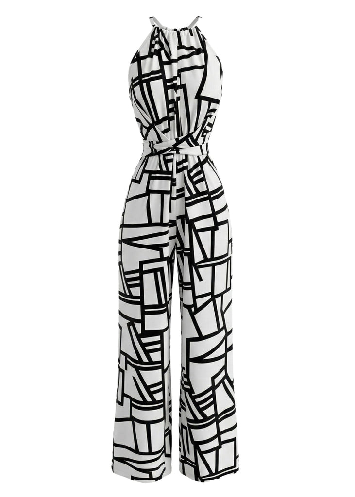 Combinaison Halter à Lignes Géométriques Abstraites Blanc Années 1970