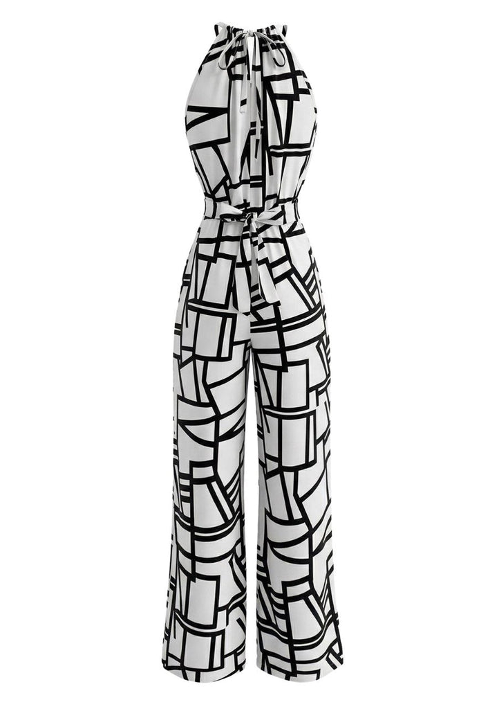 Combinaison Halter à Lignes Géométriques Abstraites Blanc Années 1970