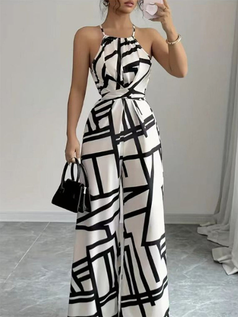 Combinaison Halter à Lignes Géométriques Abstraites Blanc Années 1970