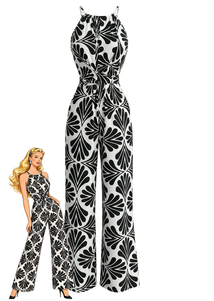 Noir Halter Abstrait Imprimé Ceinturé Combinaison Années 1930