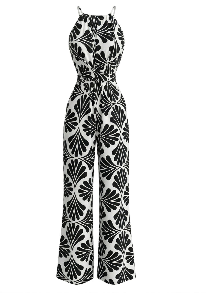 Noir Halter Abstrait Imprimé Ceinturé Combinaison Années 1930 2