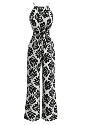 Noir Halter Abstrait Imprimé Ceinturé Combinaison Années 1930 2