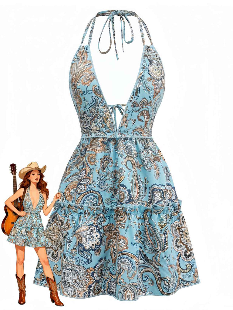 Robe Boho Paisley Halter Deep-V Dos Nu Mini Années 1970