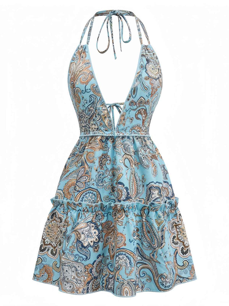 Robe Boho Paisley Halter Deep-V Dos Nu Mini Années 1970 2