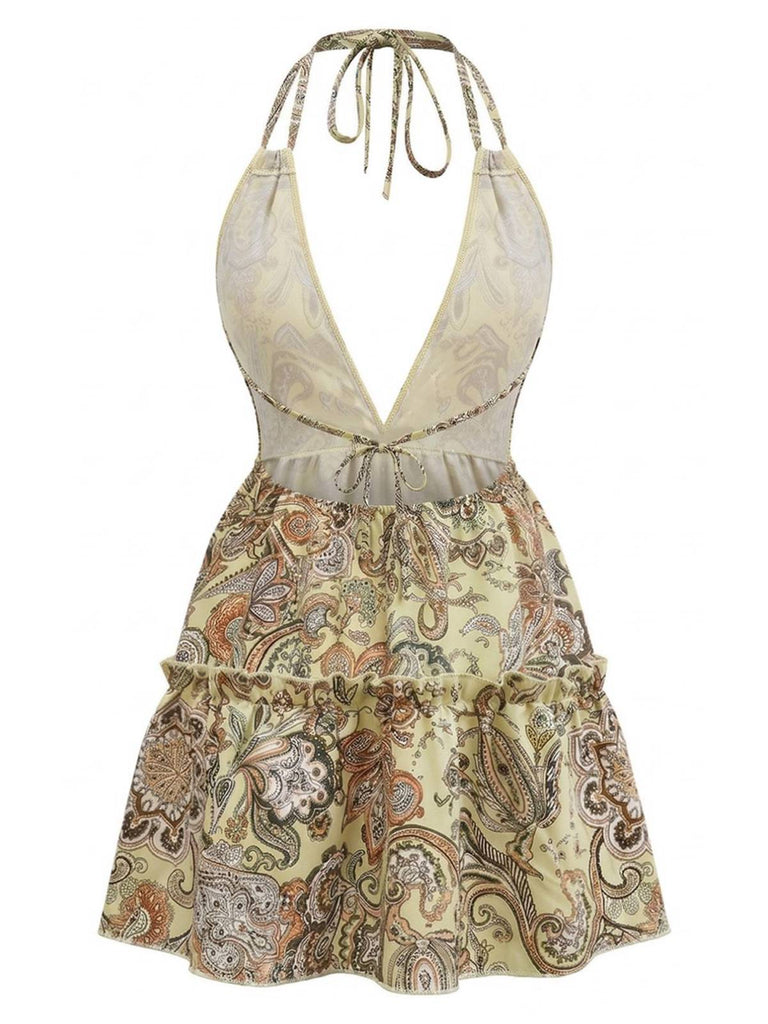 Robe Boho Paisley Halter Deep-V Dos Nu Mini Années 1970 5