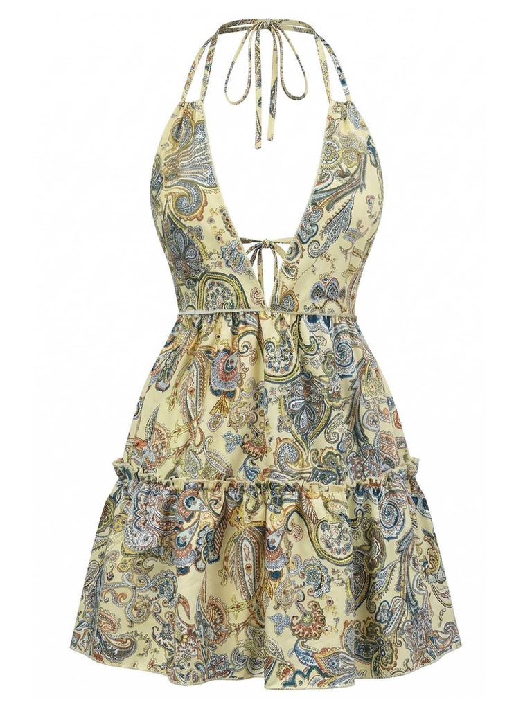 Robe Boho Paisley Halter Deep-V Dos Nu Mini Années 1970 4