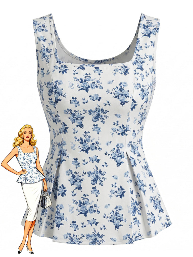 Tops Bleu Floral Imprimé Col Carré Sans Manches PéPrune Années 1950