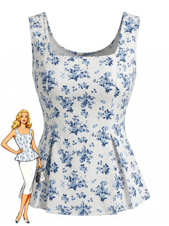 Tops Bleu Floral Imprimé Col Carré Sans Manches PéPrune Années 1950