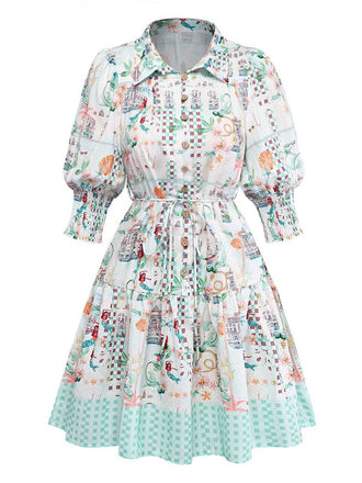 Robe Coastal Manches Bouffantes Shirt Vert Années 1970 2