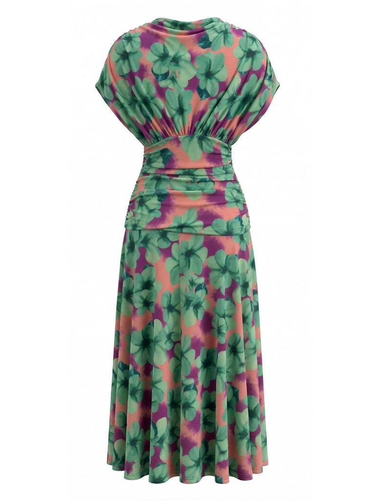 Robe Floral Col V Smocké Waist Vert Années 1940 3