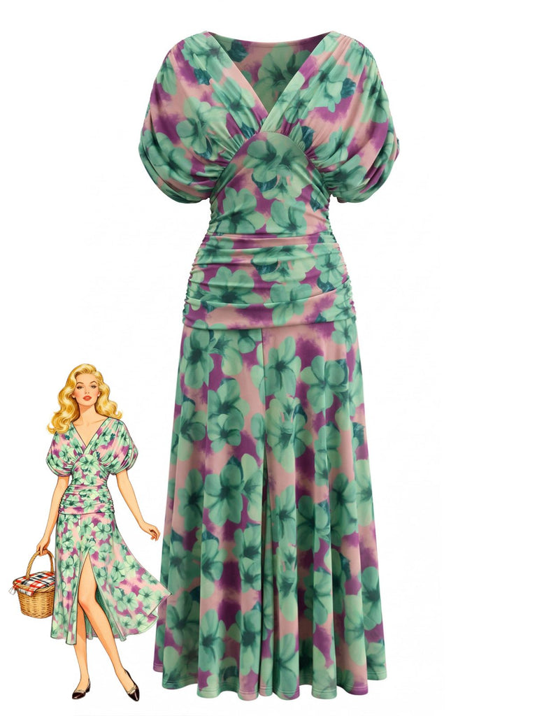 Robe Floral Col V Smocké Waist Vert Années 1940