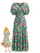 Robe Floral Col V Smocké Waist Vert Années 1940