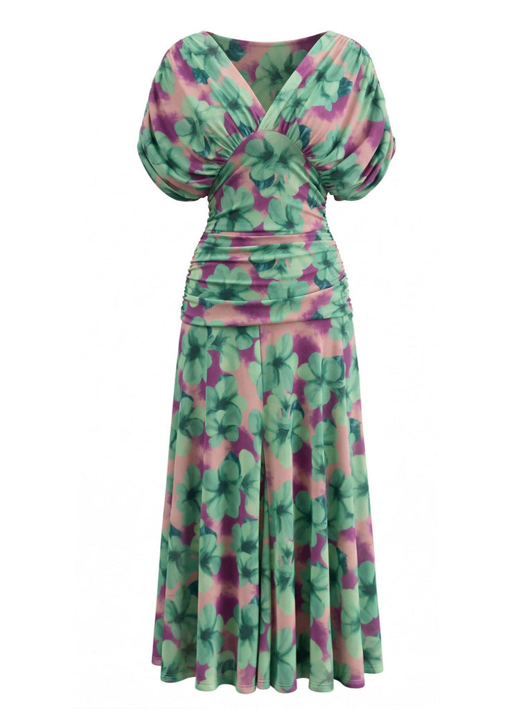 Robe Floral Col V Smocké Waist Vert Années 1940 2