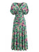 Robe Floral Col V Smocké Waist Vert Années 1940 2