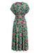 Robe Floral Col V Smocké Waist Vert Années 1940 3