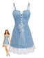 Robe Jean Bleu Courte Bretelles Lacets Dentelle Années 1980