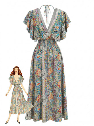 Robe Smockée Manches à Volants Bohème Multicolore années 70
