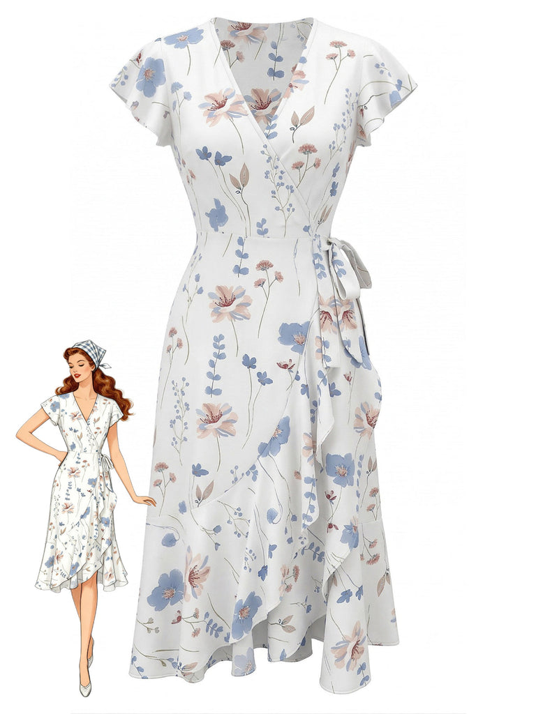 Robe Portefeuille Col V à Manches Volantées Florale Blanche Années 1940