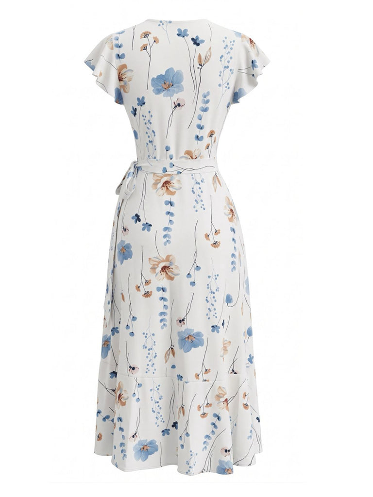 Robe Blanche Col V à Manches Volantées Florale Années 1940