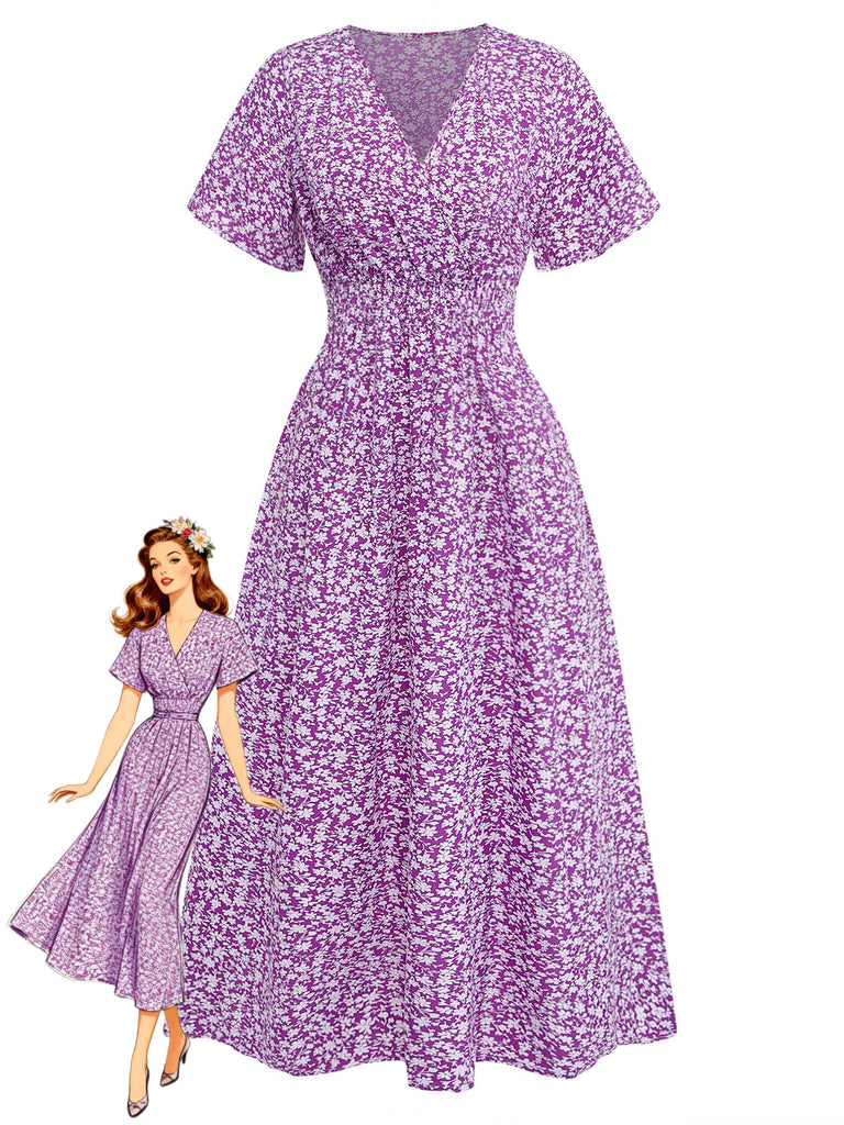 Robe Petites Fleurs Floral Short Sleeves Fitted Midi Violet Années 1940
