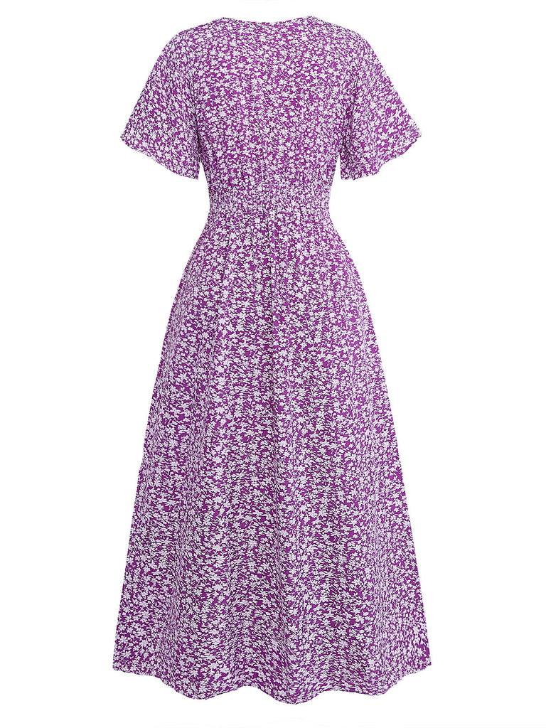 Robe Petites Fleurs Floral Short Sleeves Fitted Midi Violet Années 1940 3
