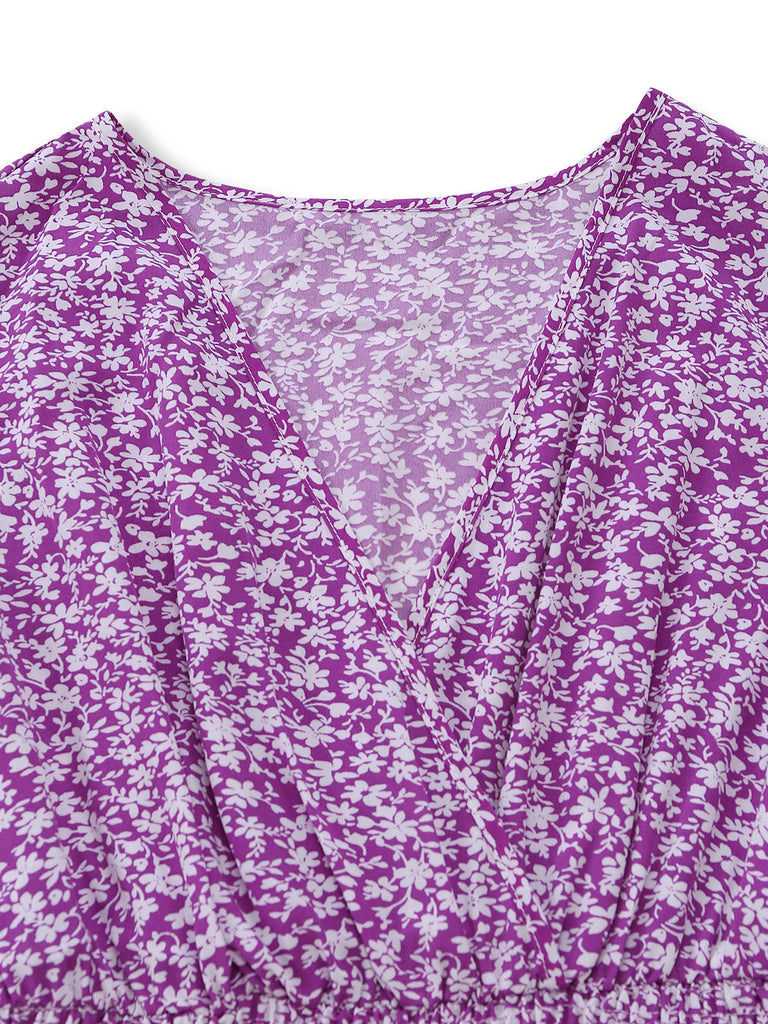 Robe Petites Fleurs Floral Short Sleeves Fitted Midi Violet Années 1940 5