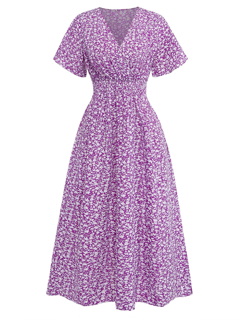 Robe Petites Fleurs Floral Short Sleeves Fitted Midi Violet Années 1940 2
