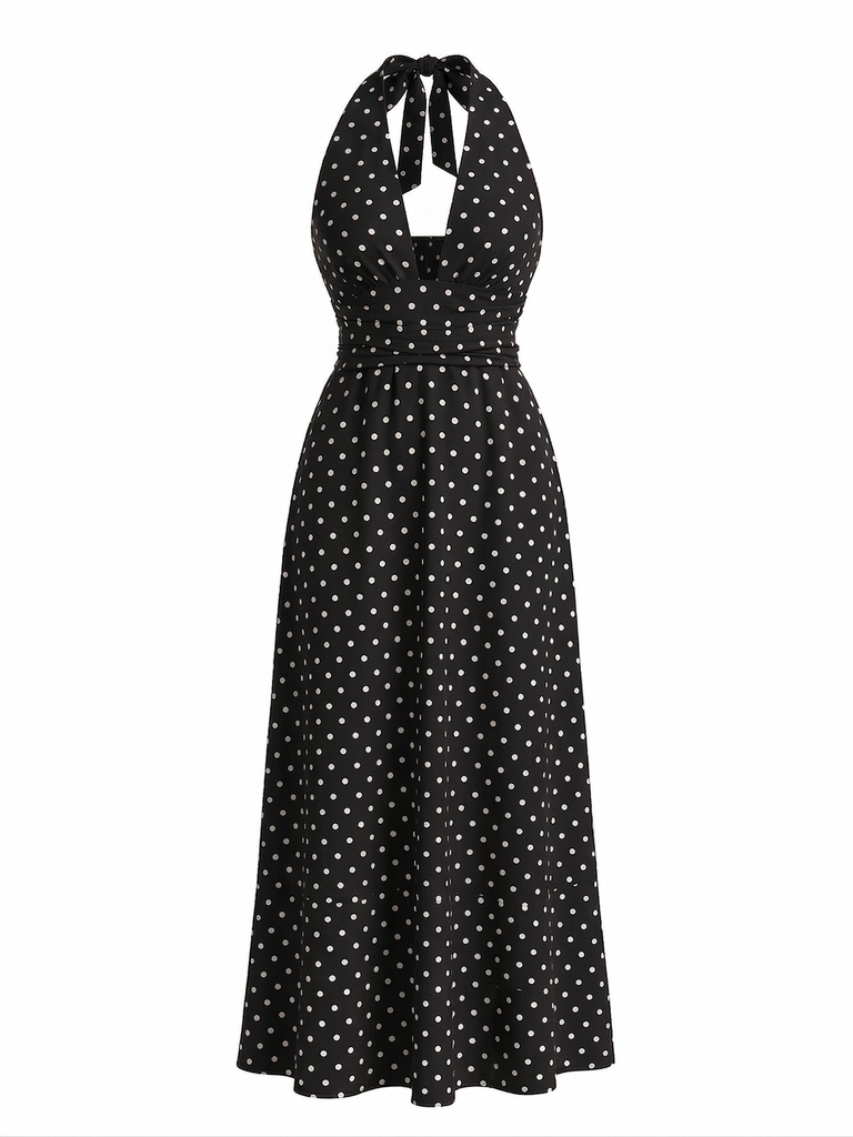 Robe Longue Halter Col V Profond à Pois Années 1930 4