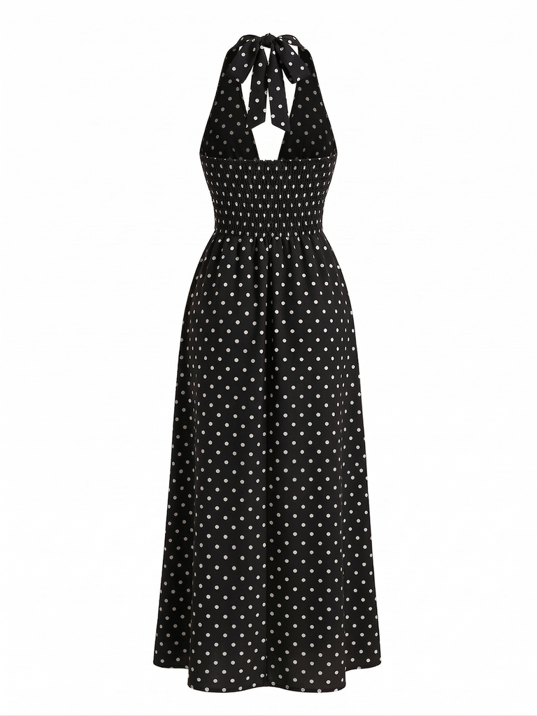 Robe Longue Halter Col V Profond à Pois Années 1930 5