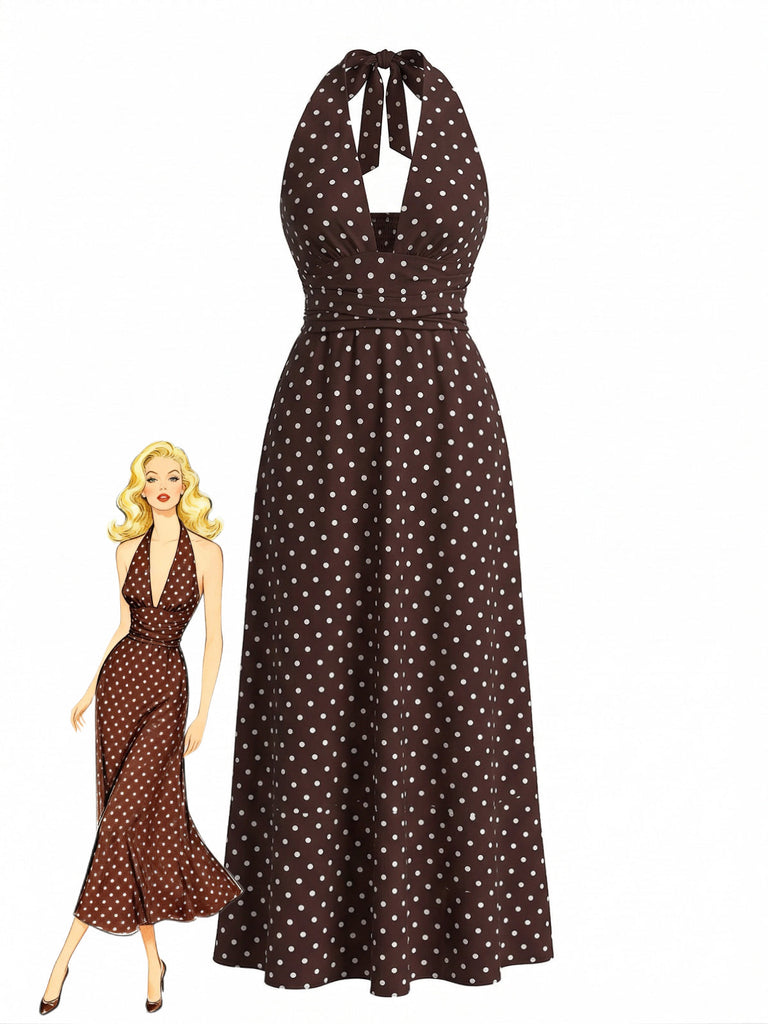 Robe Longue Halter Col V Profond à Pois Années 1930