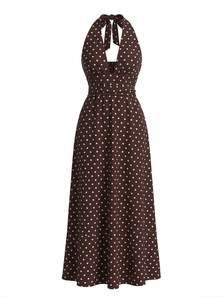 Robe Longue Halter Col V Profond à Pois Années 1930 2