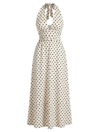 Robe Beige Longue Col Licou à Pois Années 1930