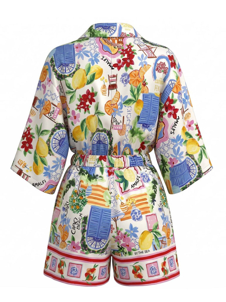 Combishort à Revers Manches Courtes Imprimé Fruits Multicolore Années 70