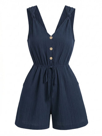 Combishort Col V à Bretelles Nouées Boutonné Bleu Années 1950 2