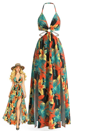 Robe Longue Halter Dos Nu Fendue Florale Années 1930