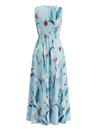 Robe Longue Col en V Floral Bleu années 30 2