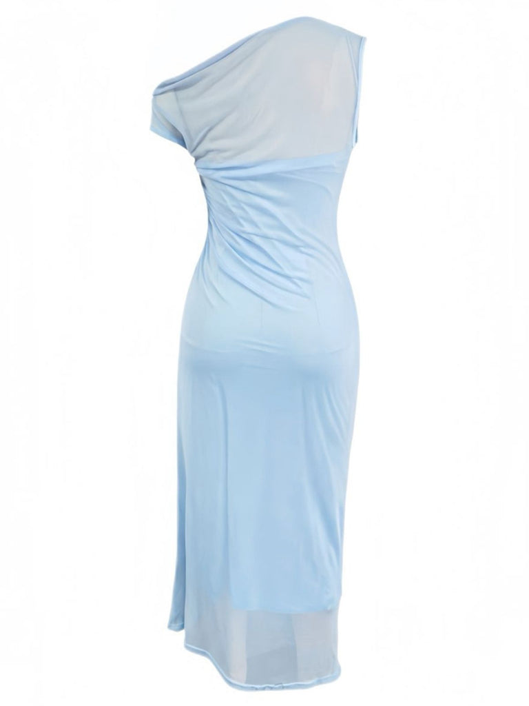 Robe Sirène Bleue Asymétrique à Broderie Florale Années 1930