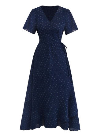 Robe Portefeuille Col V Texturée à Volants Années 1940